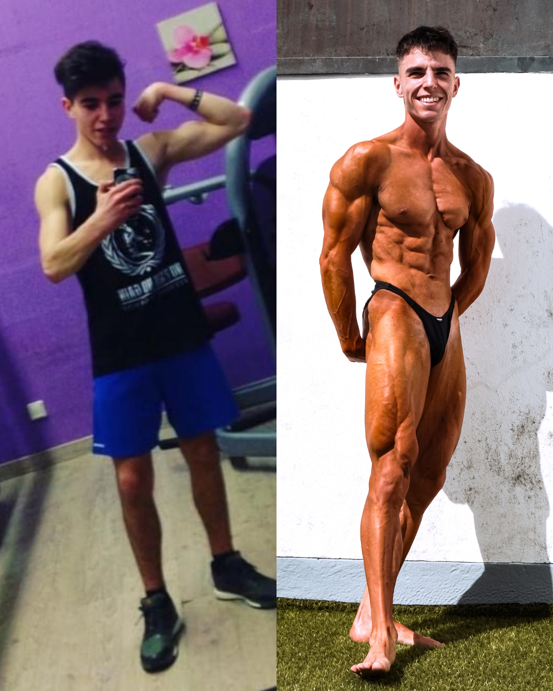 Nathan Joncheraye : à gauche, ses débuts en musculation à 45 kg ; à droite, le jour de sa compétition de bodybuilding naturel.